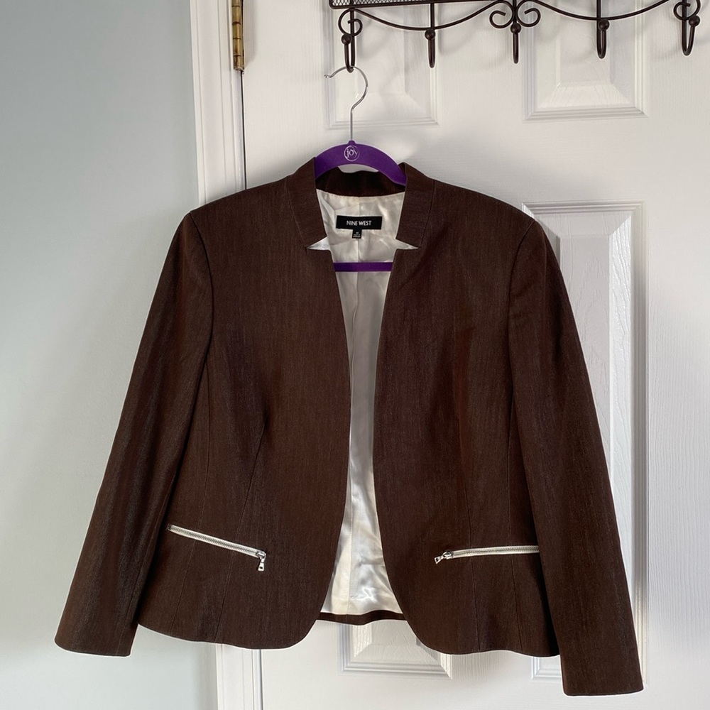 Nine West Brown Women's Blazer Jacket Size 14 Zipper Pockets Lined